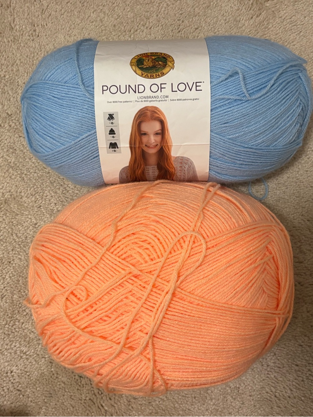 Lion Brand Pound of Love Size 4 Acrylic Yarn - 2 Skeins Pastel Blue & Creamsicle